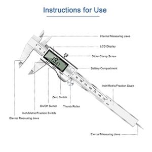 Digital Caliper Micrometer, REEXBON 6 Inch Caliper Measuring Tool, Inch/mm/Fractions Conversion, Stainless Steel Precise Vernier Calipers with Extra-Large LCD Screen