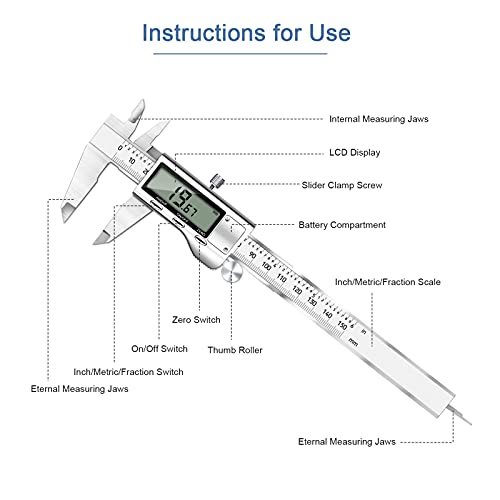 Digital Caliper Micrometer, REEXBON 6 Inch Caliper Measuring Tool, Inch/mm/Fractions Conversion, Stainless Steel Precise Vernier Calipers with Extra-Large LCD Screen