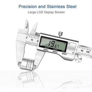 Digital Caliper Micrometer, REEXBON 6 Inch Caliper Measuring Tool, Inch/mm/Fractions Conversion, Stainless Steel Precise Vernier Calipers with Extra-Large LCD Screen