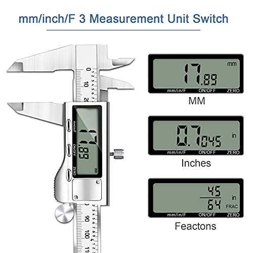 Digital Caliper Micrometer, REEXBON 6 Inch Caliper Measuring Tool, Inch/mm/Fractions Conversion, Stainless Steel Precise Vernier Calipers with Extra-Large LCD Screen