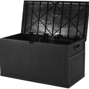 Cemeon 120 Gallon Outdoor Large Deck Storage Box, Resin Wicker Patio Storage Container for Patio Cushions, Gardening Tools and Toys (Black)