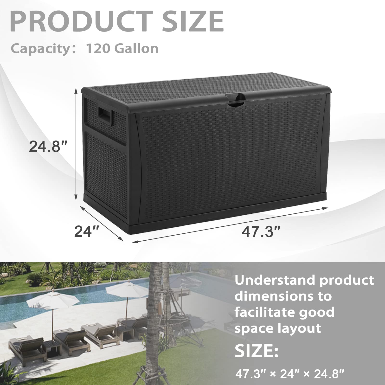 Cemeon 120 Gallon Outdoor Large Deck Storage Box, Resin Wicker Patio Storage Container for Patio Cushions, Gardening Tools and Toys (Black)