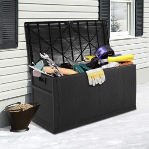 Cemeon 120 Gallon Outdoor Large Deck Storage Box, Resin Wicker Patio Storage Container for Patio Cushions, Gardening Tools and Toys (Black)