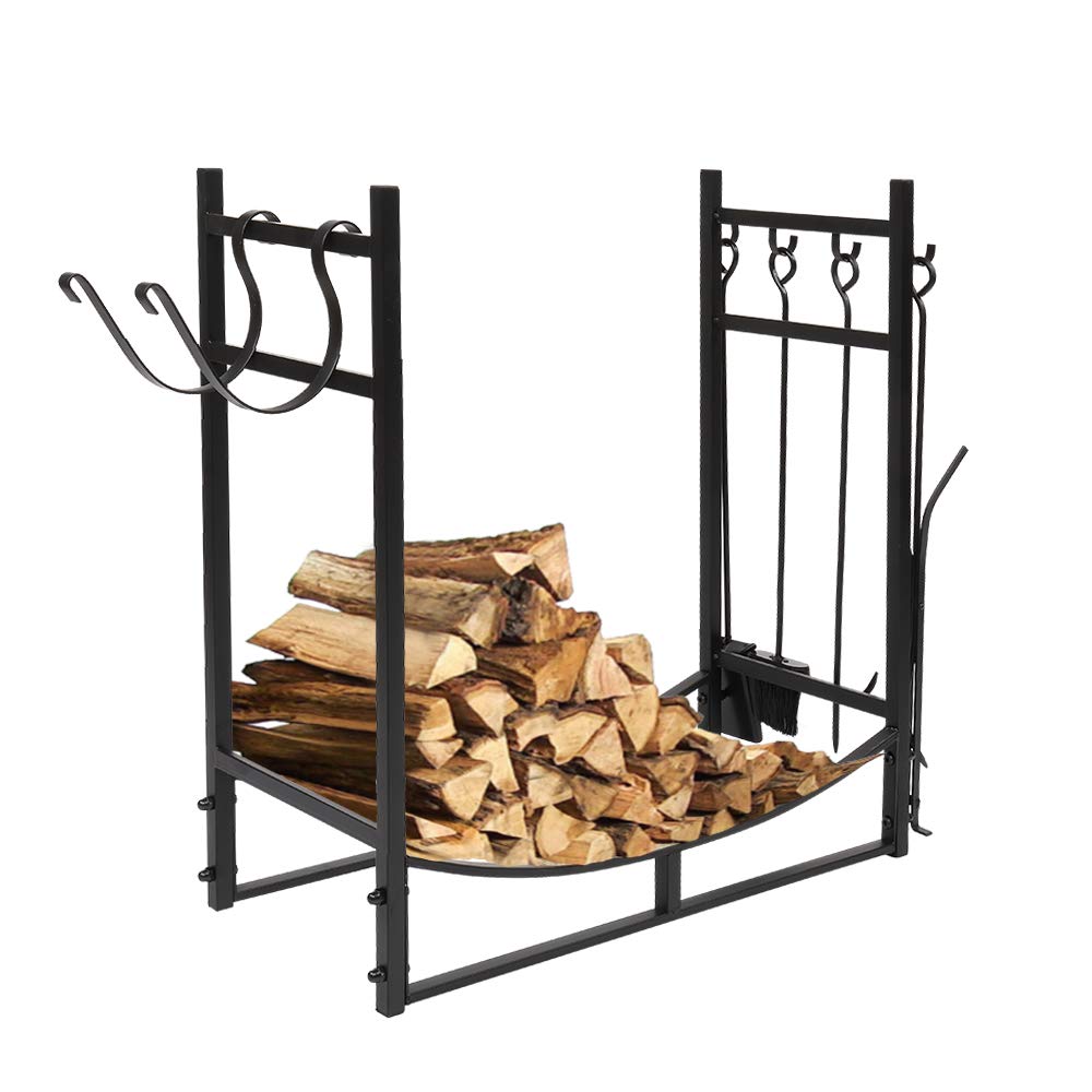 Knocbel 36 Inch Firewood Rack with Tools, Indoor/Outdoor Log Rack Holder, Fireplace Wood Stacker for Patio Deck Firepit (Black)