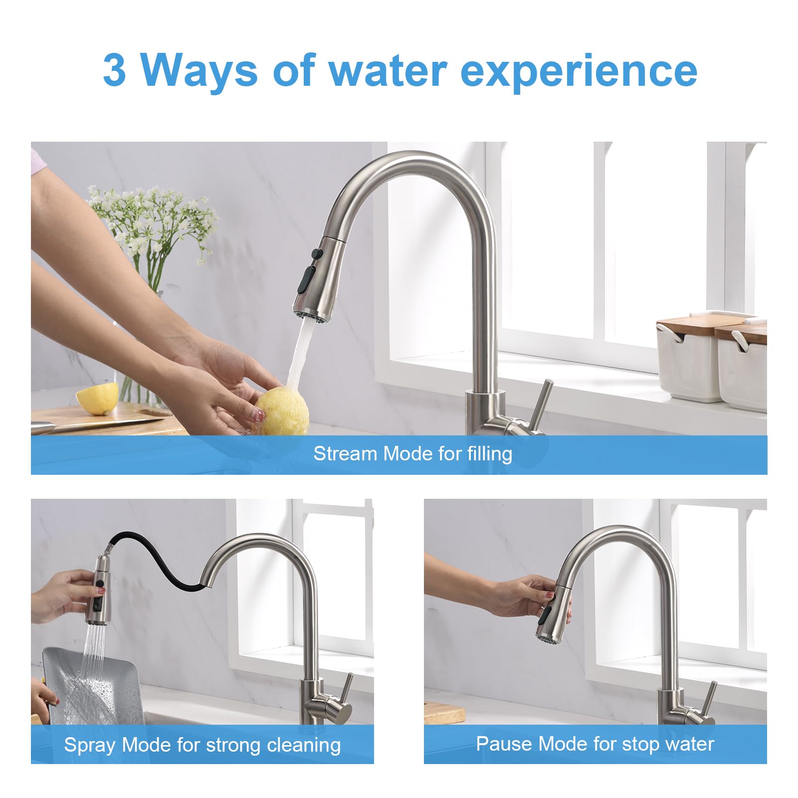 Kitchen Sink Faucet, Kitchen Faucet Stainless Steel with Pull Down Sprayer Brushed Nickel Single Handle Single Hole Pull Out Kitchen Faucets for Bar Laundry rv Utility Sink with Deck Plate