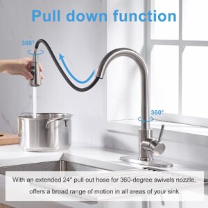 Kitchen Sink Faucet, Kitchen Faucet Stainless Steel with Pull Down Sprayer Brushed Nickel Single Handle Single Hole Pull Out Kitchen Faucets for Bar Laundry rv Utility Sink with Deck Plate