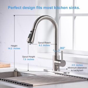 Kitchen Sink Faucet, Kitchen Faucet Stainless Steel with Pull Down Sprayer Brushed Nickel Single Handle Single Hole Pull Out Kitchen Faucets for Bar Laundry rv Utility Sink with Deck Plate