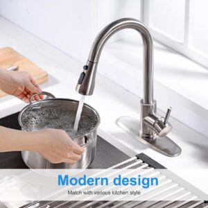 Kitchen Sink Faucet, Kitchen Faucet Stainless Steel with Pull Down Sprayer Brushed Nickel Single Handle Single Hole Pull Out Kitchen Faucets for Bar Laundry rv Utility Sink with Deck Plate