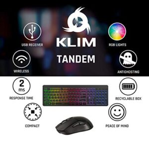 KLIM Tandem Wireless Gaming Keyboard & Mouse Combo - New 2024 - Slim Durable Ergonomic - Light up Keyboard and Mouse Wireless - Long-Lasting Built-in Battery with Energy-Saving