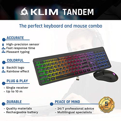 KLIM Tandem Wireless Gaming Keyboard & Mouse Combo - New 2024 - Slim Durable Ergonomic - Light up Keyboard and Mouse Wireless - Long-Lasting Built-in Battery with Energy-Saving