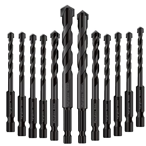 12pcs Black Masonry Drill Bits Set, Mgtgbao Ceramic Tile Drill Bits Carbide Tip for Glass, Brick, Tile, Concrete, Plastic and Wood with Size 4mm,5mm,6mm,8mm,10mm,12mm