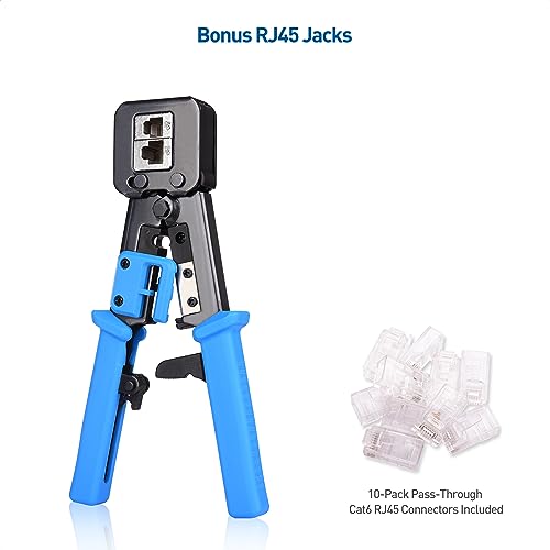 Cable Matters Modular RJ45 Crimp Tool for Pass-Through Connectors (Pass-Through Ethernet Crimper) with Built-in Wire Cutter and Stripper - 10-Pack Pass-Through Cat6 RJ45 Connectors Included