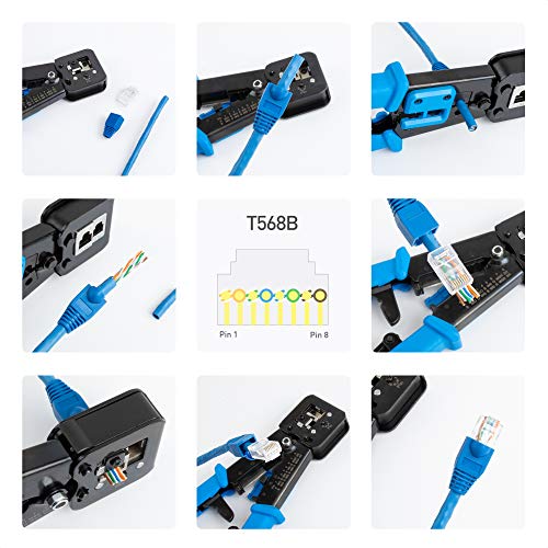 Cable Matters Modular RJ45 Crimp Tool for Pass-Through Connectors (Pass-Through Ethernet Crimper) with Built-in Wire Cutter and Stripper - 10-Pack Pass-Through Cat6 RJ45 Connectors Included