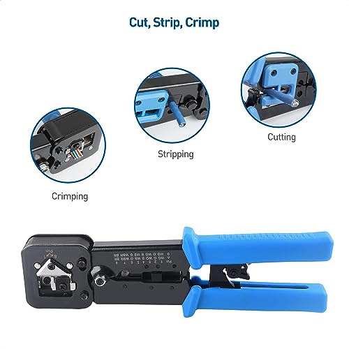 Cable Matters Modular RJ45 Crimp Tool for Pass-Through Connectors (Pass-Through Ethernet Crimper) with Built-in Wire Cutter and Stripper - 10-Pack Pass-Through Cat6 RJ45 Connectors Included