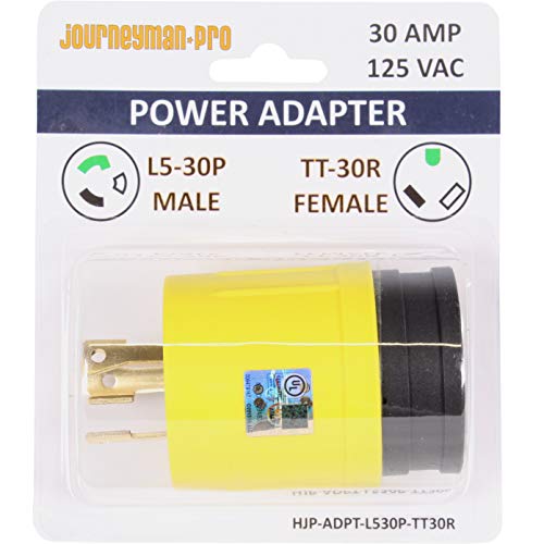 Journeyman-Pro RV Power Cord Adapter 125/250 VAC 30 Amp Male to Female TT-30/L5-30/L14-30 - 3 to 4 Prong Generator Electrical Plug Converter (L5-30P MALE to TT-30R FEMALE)