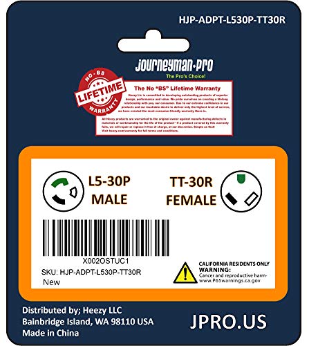 Journeyman-Pro RV Power Cord Adapter 125/250 VAC 30 Amp Male to Female TT-30/L5-30/L14-30 - 3 to 4 Prong Generator Electrical Plug Converter (L5-30P MALE to TT-30R FEMALE)