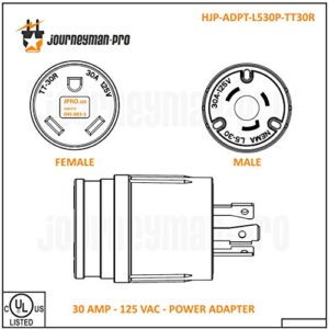 Journeyman-Pro RV Power Cord Adapter 125/250 VAC 30 Amp Male to Female TT-30/L5-30/L14-30 - 3 to 4 Prong Generator Electrical Plug Converter (L5-30P MALE to TT-30R FEMALE)