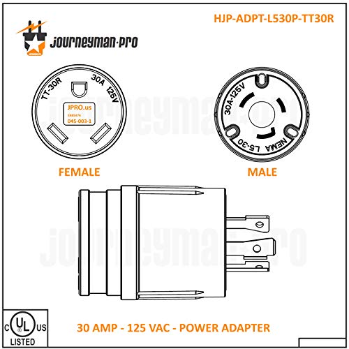 Journeyman-Pro RV Power Cord Adapter 125/250 VAC 30 Amp Male to Female TT-30/L5-30/L14-30 - 3 to 4 Prong Generator Electrical Plug Converter (L5-30P MALE to TT-30R FEMALE)