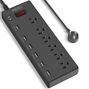 power strip, hicity surge protector with 6 ac outlets and 6 usb ports, wall mountable flat plug extension cord, 1625w/13a, widely spaced outlet for home, office, hotel (6ft, black)