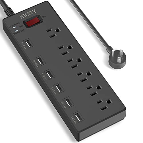 Power Strip, HICITY Surge Protector with 6 AC Outlets and 6 USB Ports, Wall Mountable Flat Plug Extension Cord, 1625W/13A, Widely Spaced Outlet for Home, Office, Hotel (6ft, Black)