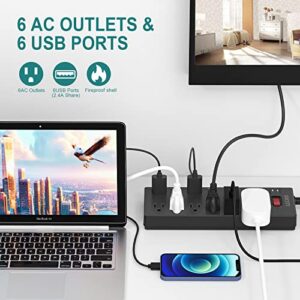 Power Strip, HICITY Surge Protector with 6 AC Outlets and 6 USB Ports, Wall Mountable Flat Plug Extension Cord, 1625W/13A, Widely Spaced Outlet for Home, Office, Hotel (6ft, Black)