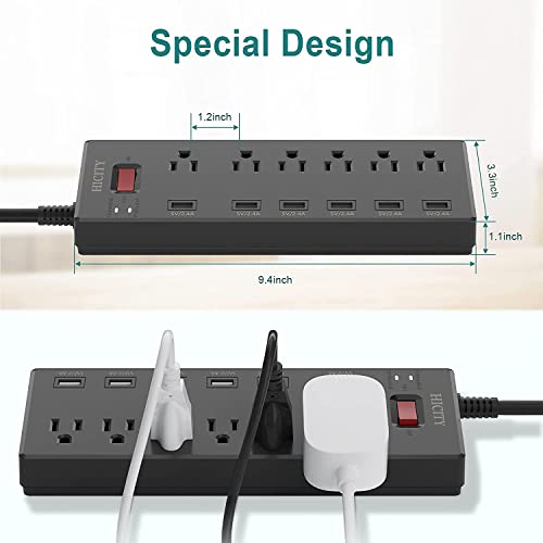 Power Strip, HICITY Surge Protector with 6 AC Outlets and 6 USB Ports, Wall Mountable Flat Plug Extension Cord, 1625W/13A, Widely Spaced Outlet for Home, Office, Hotel (6ft, Black)