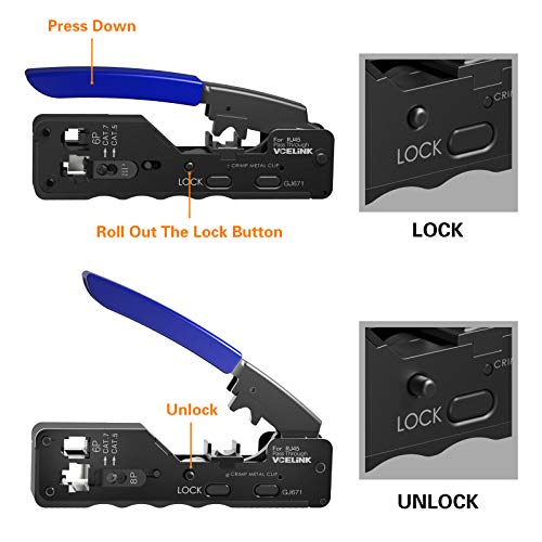 VCELINK RJ45 Crimping Tool Pass Through, Ethernet Wire Cutter Crimper for Cat7 Cat6A Cat6 Cat5E Cat5 Pass-through and Non-pass-through Connectors