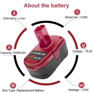 ARyee 19.2V 6.0Ah Replacement for Craftsman Lithium ion Battery DieHard C3 XCP Craftsman 19.2v Battery 130279005 11375 1323903 130211004 11045 315.113753 315.115410 315.11485 315.pp2011