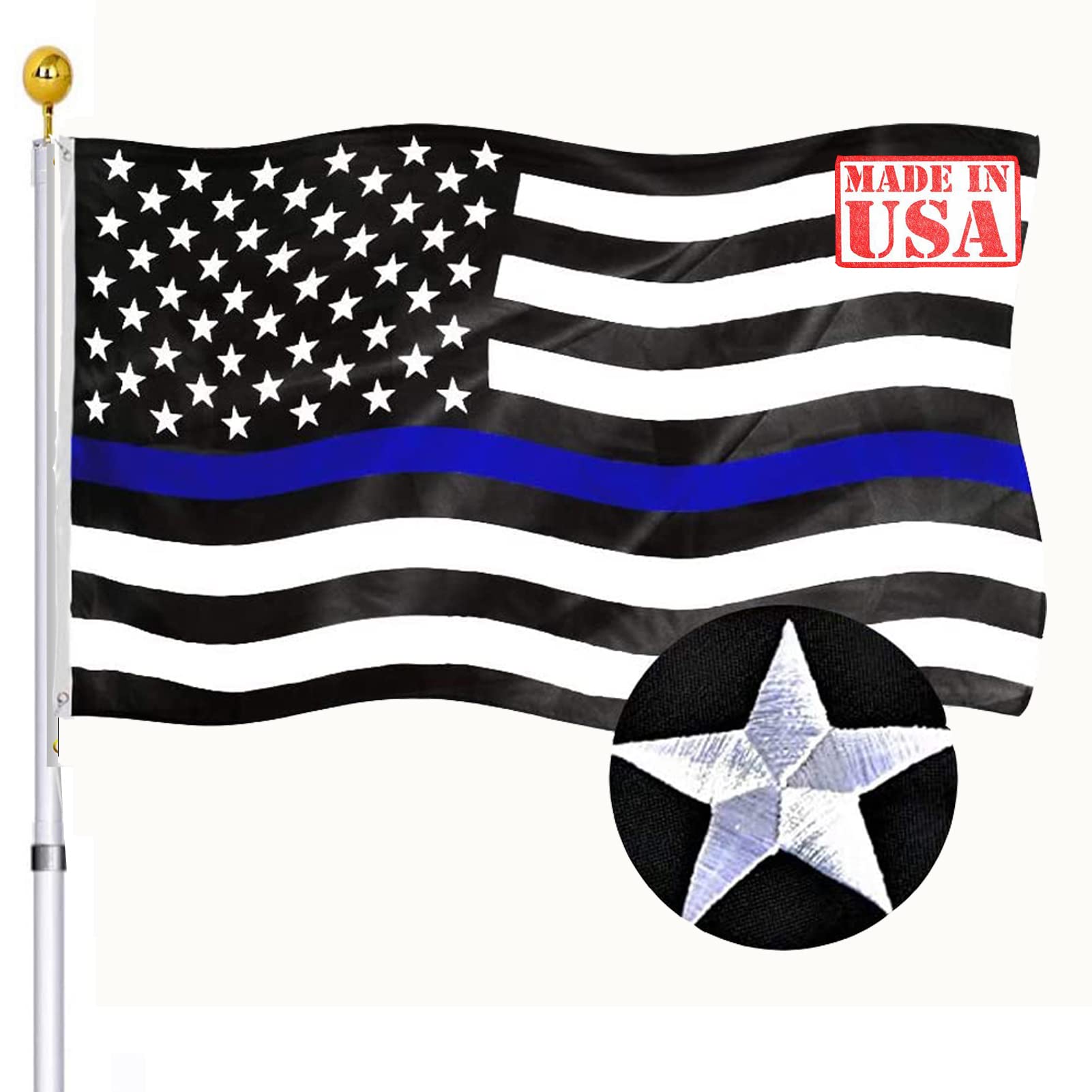 Thin Blue Line American Flags 3x5 Outdoor Made In USA- Embroidered Police Heavy Duty Blue Lives Matter USA Flag- 210D Nylon Flags 4 Rows Stitches Embroidered Stars