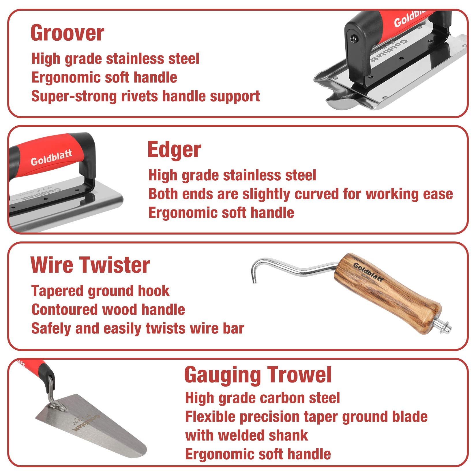 Goldblatt 8 Pieces Masonry Hand Tool Set Includes Finishing Trowel, Gauging Trowel, Groover, Edger, Extruded Alloy Float, Wood Float and Wire Twister, Organized in Tool Bag