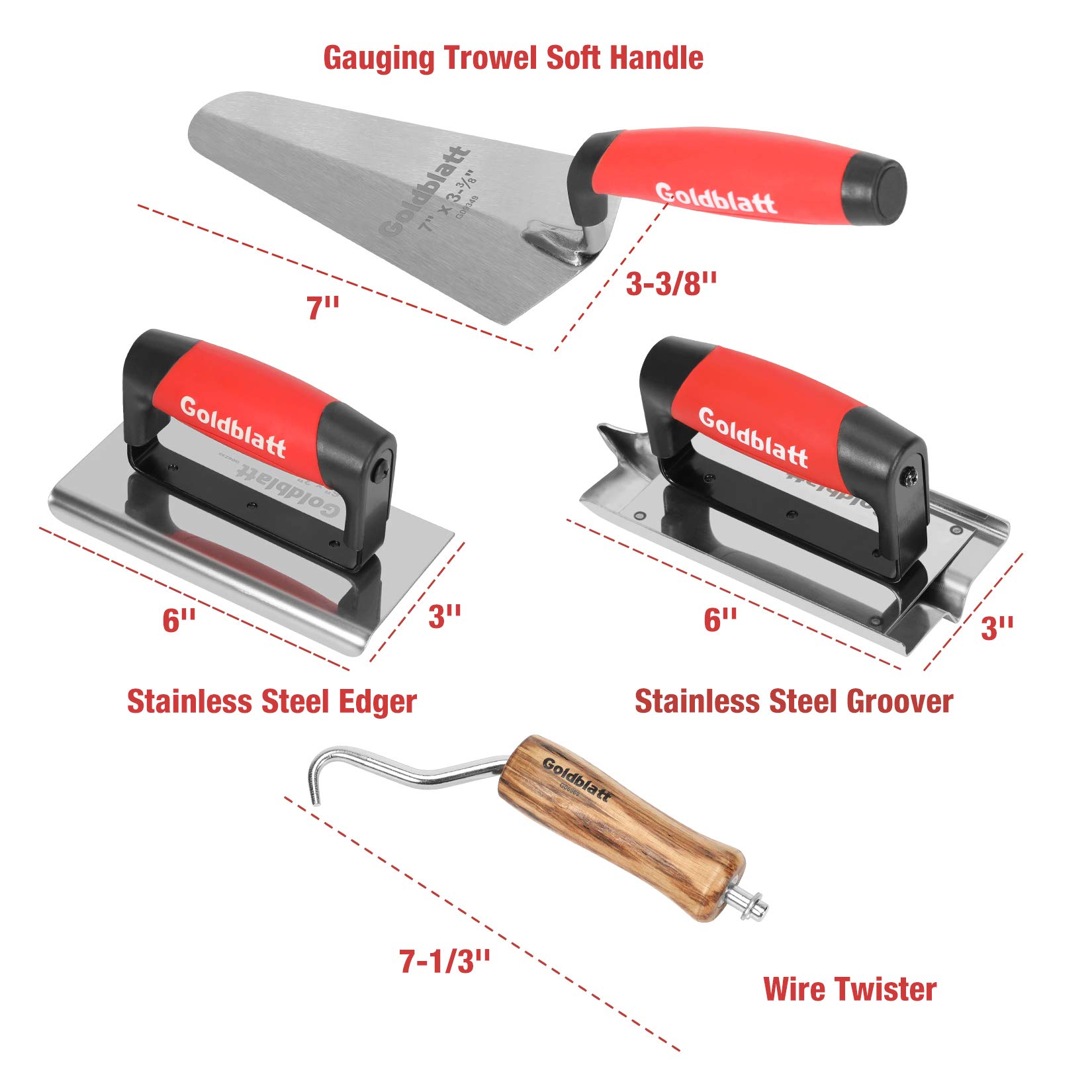 Goldblatt 8 Pieces Masonry Hand Tool Set Includes Finishing Trowel, Gauging Trowel, Groover, Edger, Extruded Alloy Float, Wood Float and Wire Twister, Organized in Tool Bag