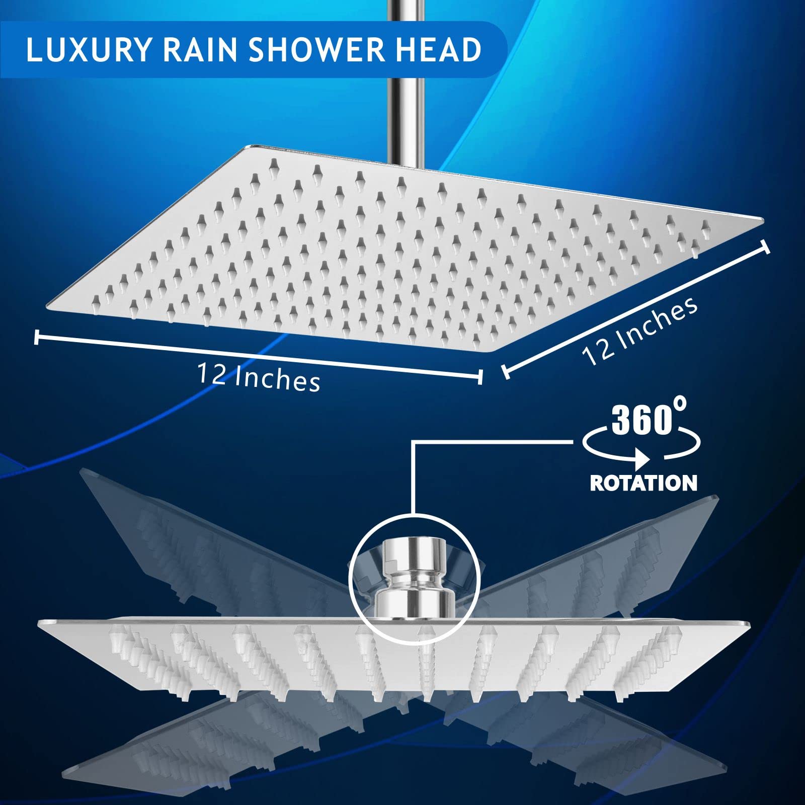 Voolan Rain Shower Head - High Flow Large Rainfall Shower Heads Made of Stainless Steel - Waterfall Bathroom Square Showerhead - Ceiling or Wall Mount (12" Chrome)