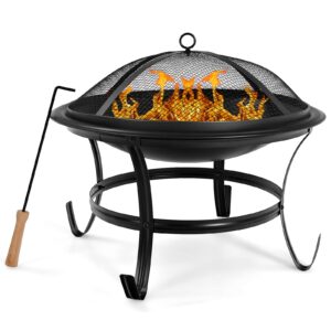 giantex 22" outdoor firebowl, portable firepit bowl with bbq grill mesh spark screen cover, poker and 2 log grates/grilling grate and wood grate, wood burning fire pit w/grilling handle