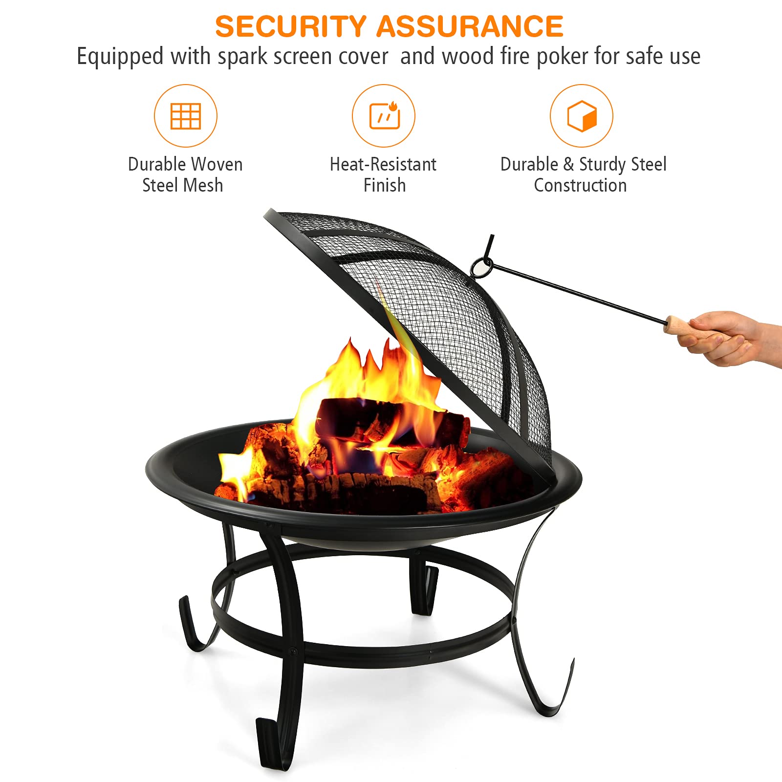 Giantex 22" Outdoor Firebowl, Portable Firepit Bowl with BBQ Grill Mesh Spark Screen Cover, Poker and 2 Log Grates/Grilling Grate and Wood Grate, Wood Burning Fire Pit w/Grilling Handle