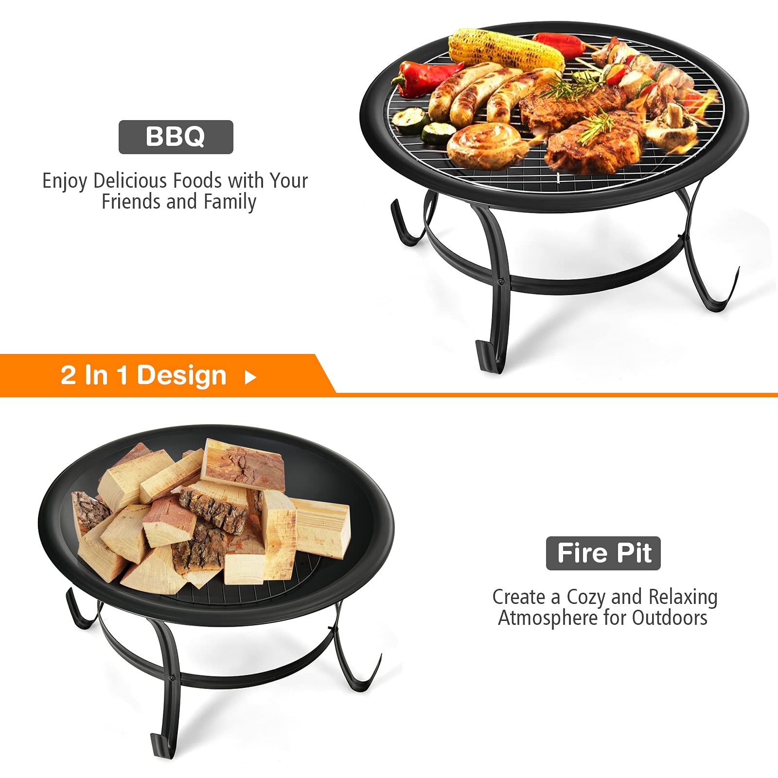 Giantex 22" Outdoor Firebowl, Portable Firepit Bowl with BBQ Grill Mesh Spark Screen Cover, Poker and 2 Log Grates/Grilling Grate and Wood Grate, Wood Burning Fire Pit w/Grilling Handle