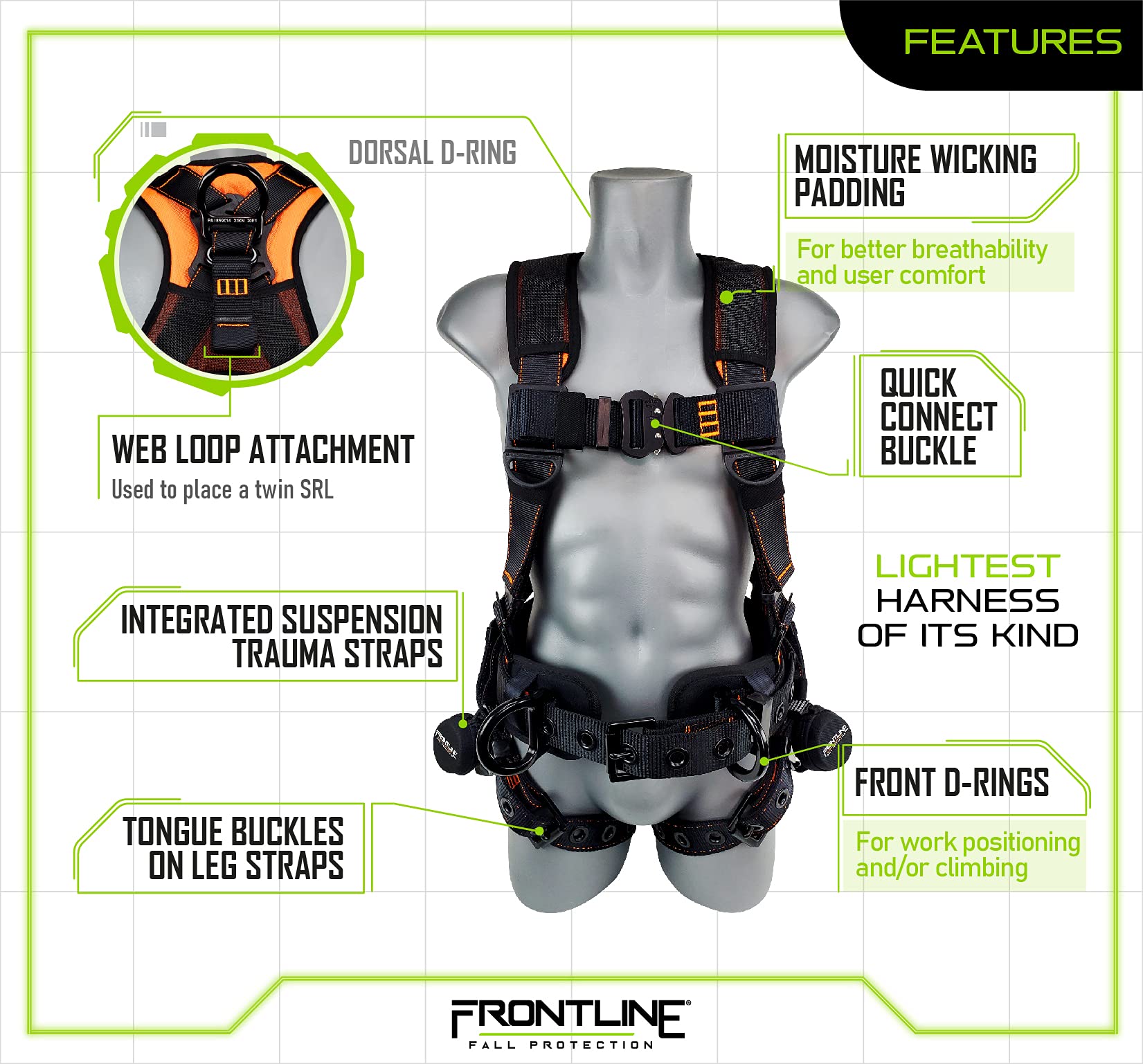 Frontline 110CTB Combat™ Lite Full Body Harness all Aluminum | Hardware Trauma Straps | OSHA and ANSI Compliant (Size: M-L)