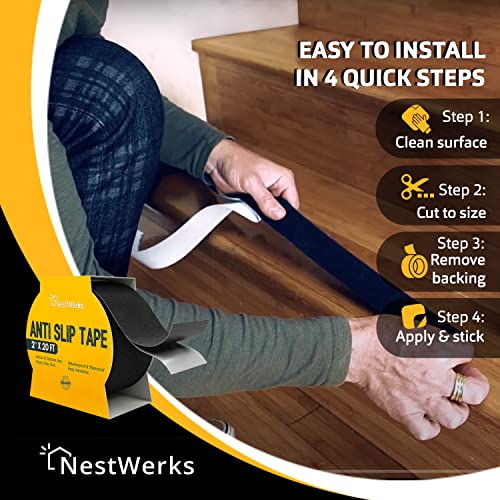 NESTWERKS Heavy Duty Grip Tape for Stairs, Anti Slip Tape for Steps, Waterproof High Traction Tape for Indoor/Outdoor - Non Slip Tape Outdoor Stair Treads, Friction Tape for Ramps, 2" x20ft