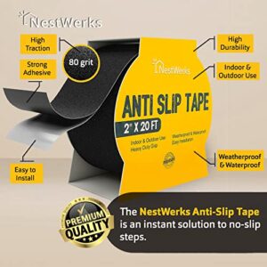 NESTWERKS Heavy Duty Grip Tape for Stairs, Anti Slip Tape for Steps, Waterproof High Traction Tape for Indoor/Outdoor - Non Slip Tape Outdoor Stair Treads, Friction Tape for Ramps, 2" x20ft