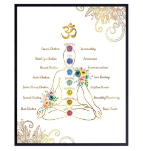 chakras meditation decor - zen buddhism wall art - spa decor, bedroom, living room, bathroom - yoga namaste poster print - gold white lotus flower mandala - gift for buddhist, new age women