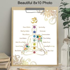 Chakras Meditation Decor - Zen Buddhism Wall Art - Spa Decor, Bedroom, Living Room, Bathroom - Yoga Namaste Poster Print - Gold White Lotus Flower Mandala - Gift for Buddhist, New Age Women