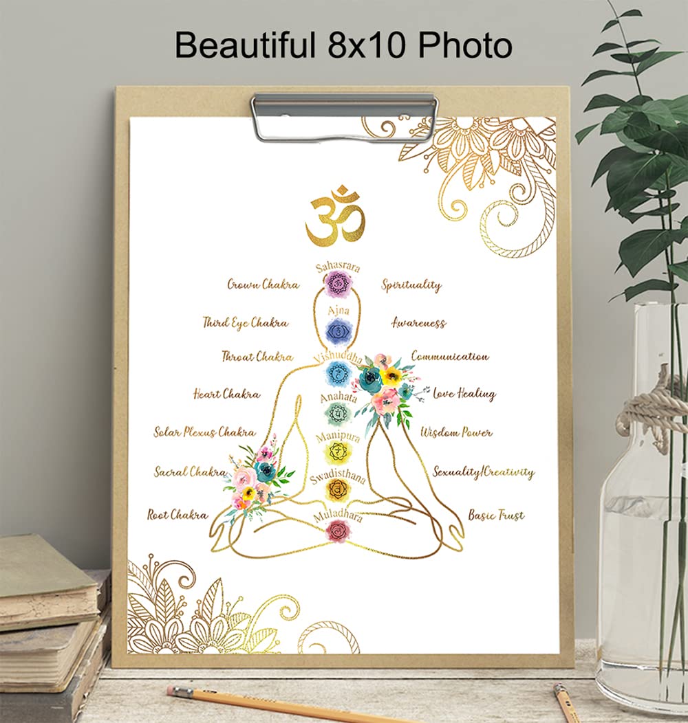 Chakras Meditation Decor - Zen Buddhism Wall Art - Spa Decor, Bedroom, Living Room, Bathroom - Yoga Namaste Poster Print - Gold White Lotus Flower Mandala - Gift for Buddhist, New Age Women