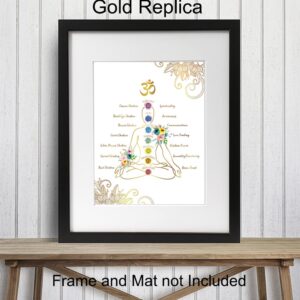 Chakras Meditation Decor - Zen Buddhism Wall Art - Spa Decor, Bedroom, Living Room, Bathroom - Yoga Namaste Poster Print - Gold White Lotus Flower Mandala - Gift for Buddhist, New Age Women