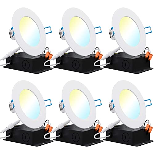 Sunco 6 Pack 4 Inch Slim LED Recessed Ceiling Lights, Selectable CCT 2700K/3000K/3500K/4000K/5000K, Dimmable, 10W, Canless with Junction Box - Energy Star ETL T24