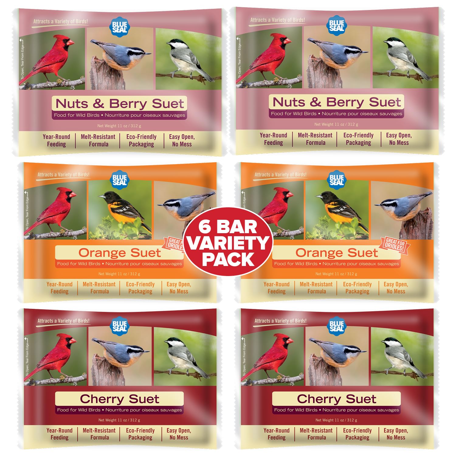 Blue Seal Berry Blend Suet Cakes for Wild Birds - No Mess Suet Feed, Food for Woodpeckers, Cardinals, Siskins, Sparrows & More - 11oz Suet Feeder, Bird Seed Cakes (Variety Pack of 6)