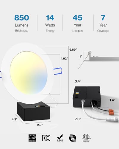 Sunco 24 Pack 6 Inch Ultra Thin LED Recessed Ceiling Lights, Slim Selectable CCT, 2700K/3000K/3500K/4000K/5000K, Dimmable, 14W, Wafer Thin, Canless with Junction Box