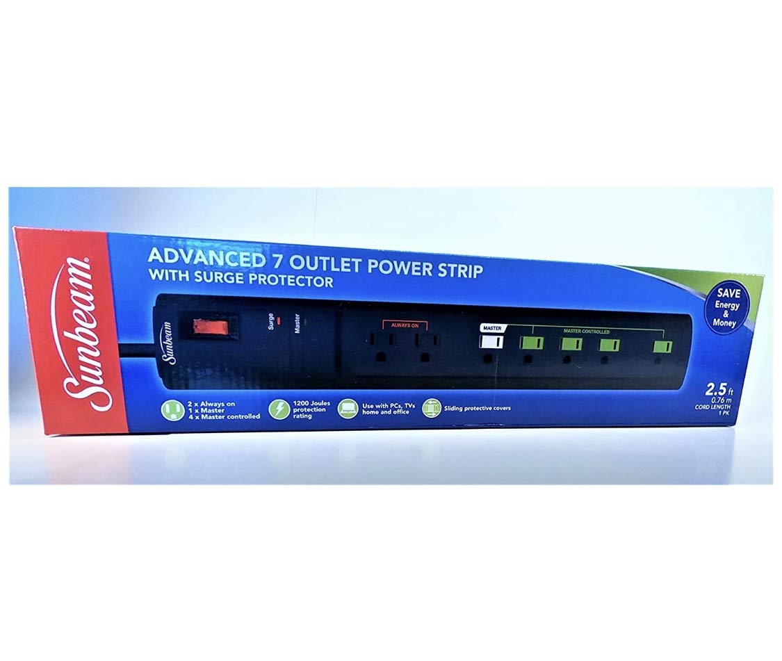 Sunbeam Advance 7 Outlet Power Strip with Surge Protector & Spaced Outlet 15A