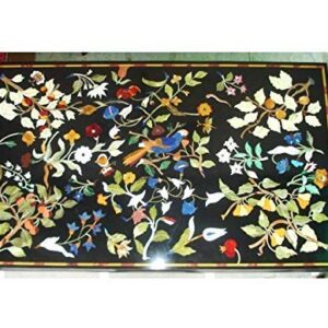 Pietra Dura Black Marble Rectangular 48" x 30" Inch Dining Table Top, Bird Inlay Fruit Inlay and Flowers Inlay Design Outdoor Decor, Indoor Decor Table Top, Piece Of Conversation, Family HeirLoom