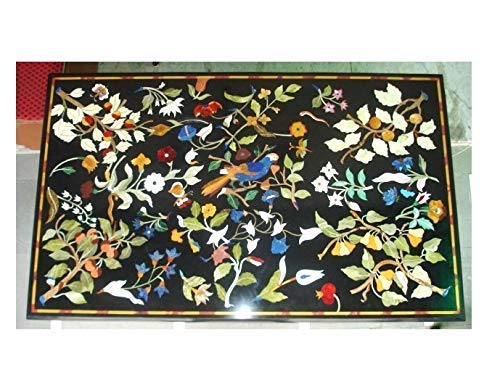 Pietra Dura Black Marble Rectangular 48" x 30" Inch Dining Table Top, Bird Inlay Fruit Inlay and Flowers Inlay Design Outdoor Decor, Indoor Decor Table Top, Piece Of Conversation, Family HeirLoom