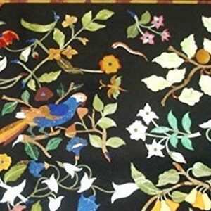 Pietra Dura Black Marble Rectangular 48" x 30" Inch Dining Table Top, Bird Inlay Fruit Inlay and Flowers Inlay Design Outdoor Decor, Indoor Decor Table Top, Piece Of Conversation, Family HeirLoom