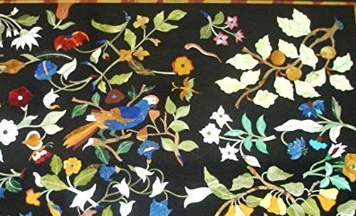 Pietra Dura Black Marble Rectangular 48" x 30" Inch Dining Table Top, Bird Inlay Fruit Inlay and Flowers Inlay Design Outdoor Decor, Indoor Decor Table Top, Piece Of Conversation, Family HeirLoom